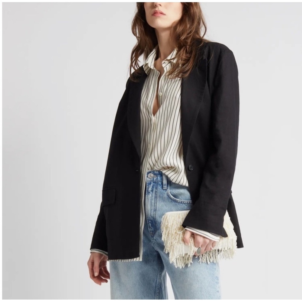 Treasure & Bond Womens Oversized Boyfriend Blazer Black Medium Linen Blend